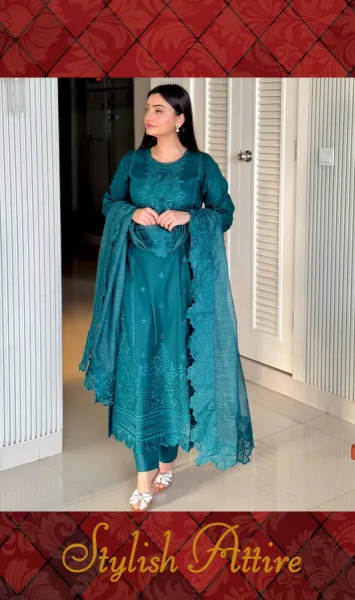 Original Pakistani Boutique Femenite Luxury Cotton Stitched 3Pcs _Teal Green